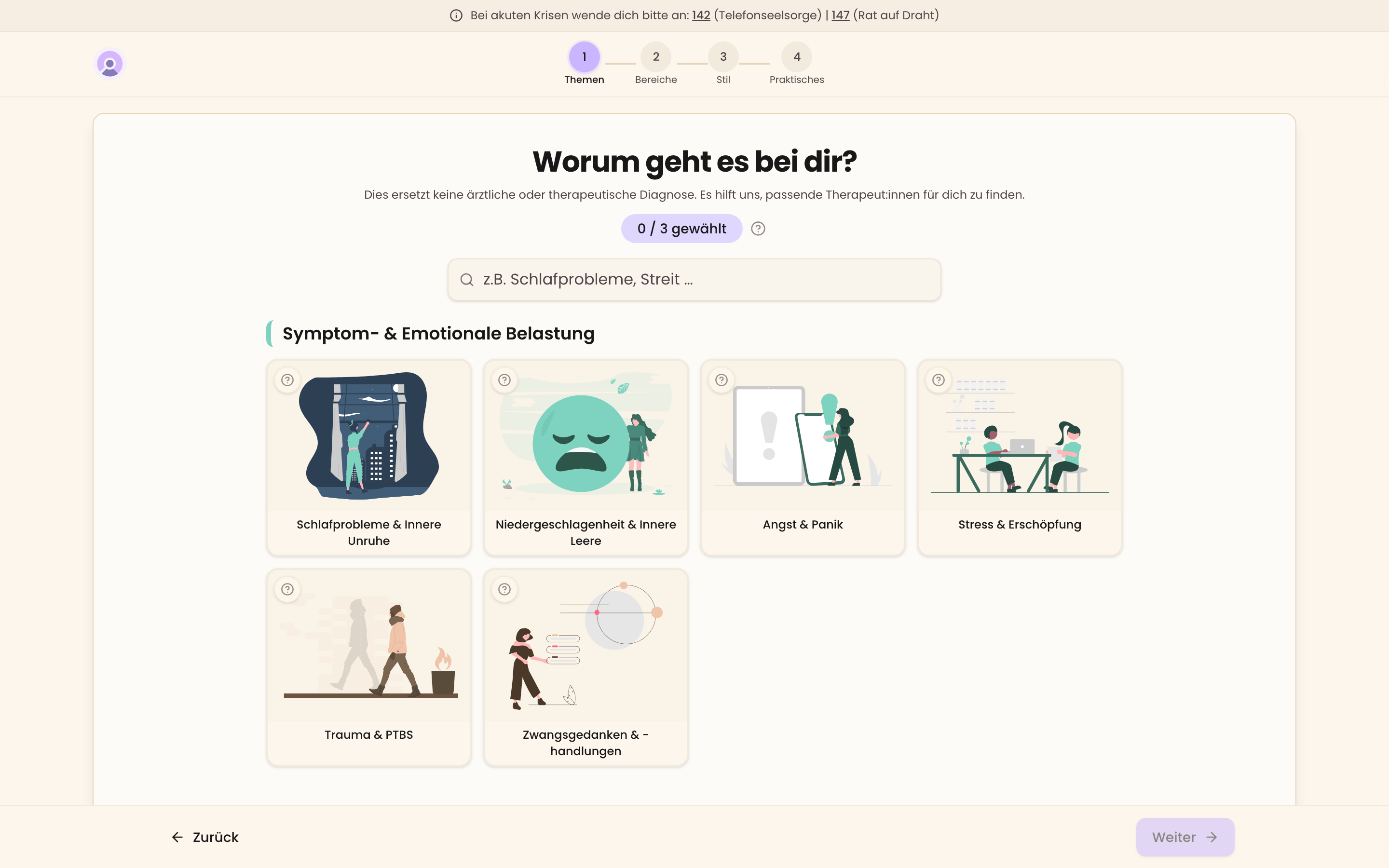 Der Startbildschirm des Matchings mit Themenauswahl und Suchfeld