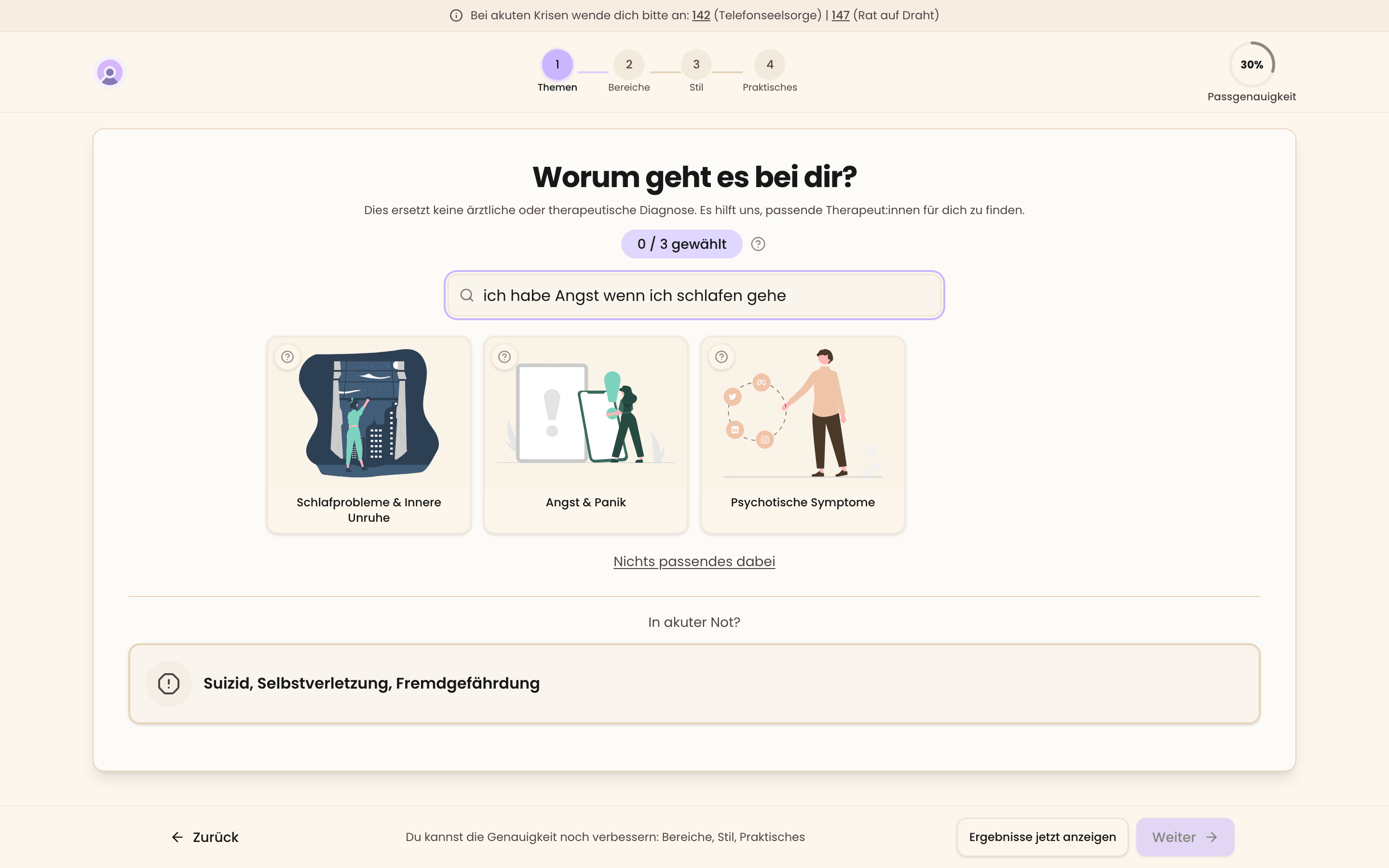 Freitext-Eingabe „ich habe Angst wenn ich schlafen gehe" mit automatisch vorgeschlagenen Themen