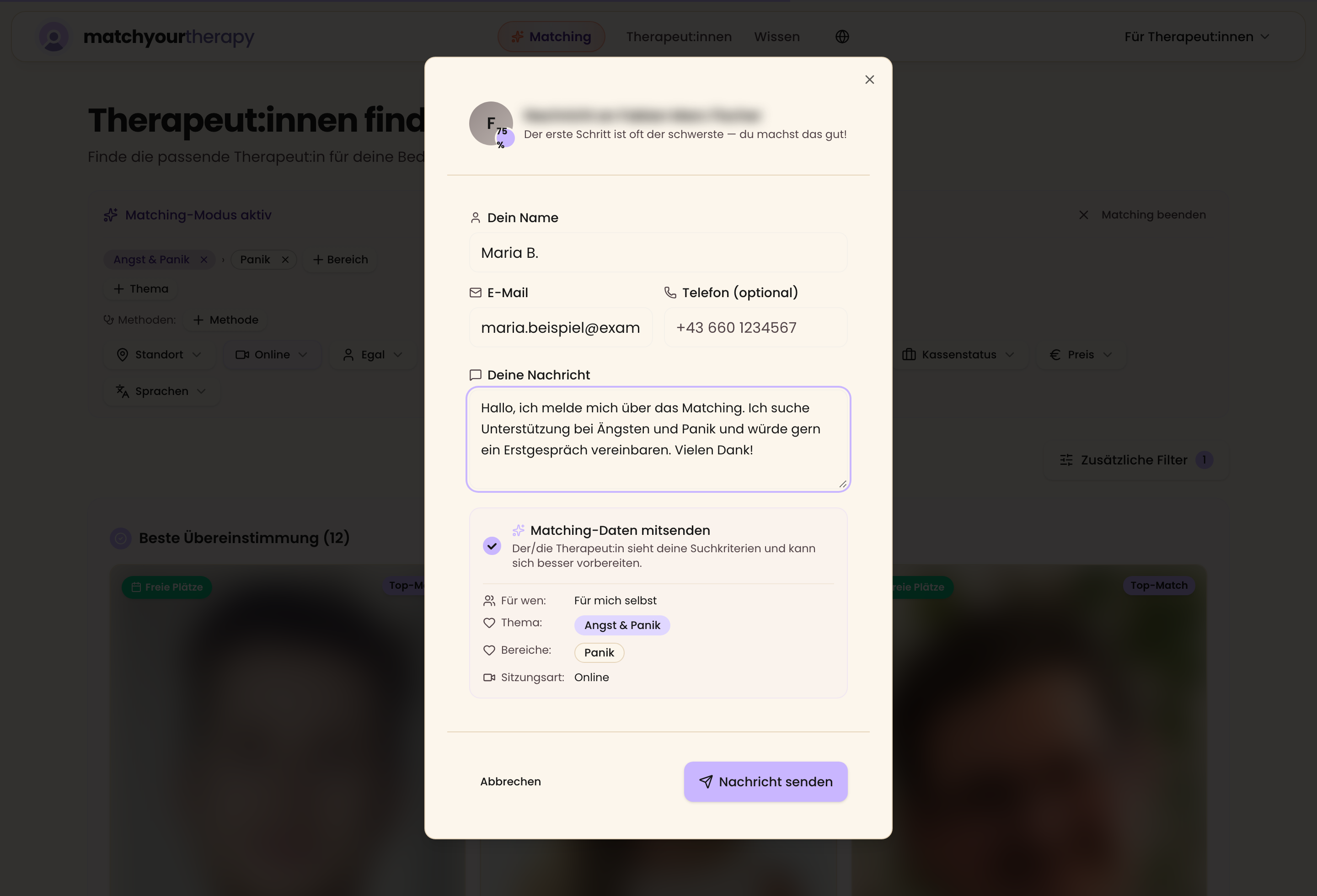 Anfrage-Formular mit aktivierter Option „Matching-Daten mitsenden"